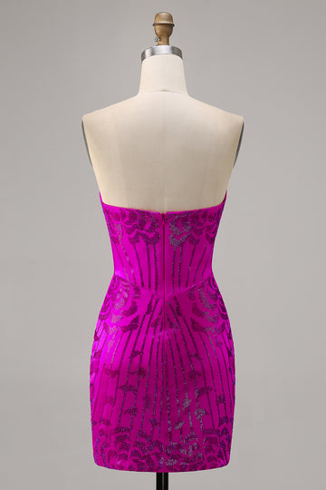 Strapless Fuchsia Beaded Bodycon Homecoming Dress